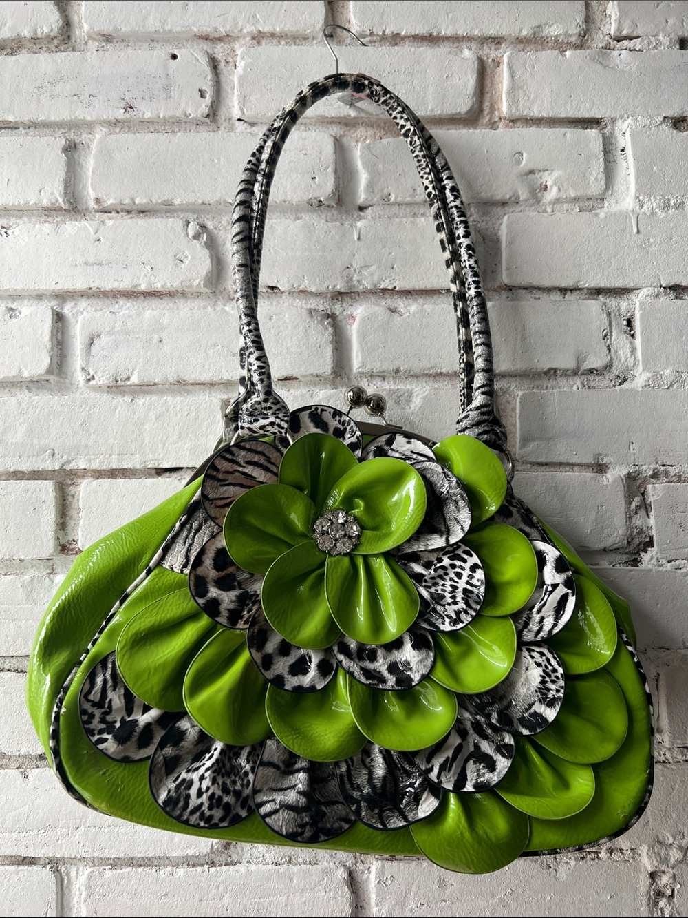 Green Floral Applique Shoulder Bag zebra patent pleather bag